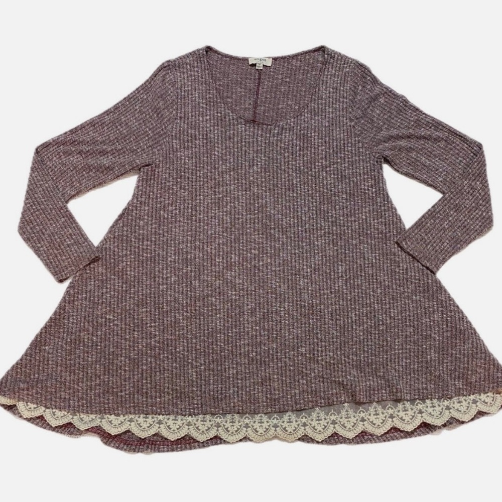 LADIES SIZE M UMGEE BURGUNDY MARBLE LACE HEM LONG SLEEVE TUNIC TOP SHIRT BLOUSE